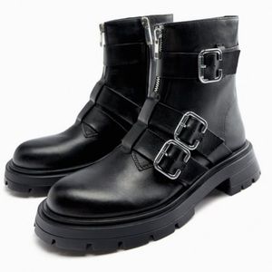 NWT Zara Leather low heeled ankle boots with buckles